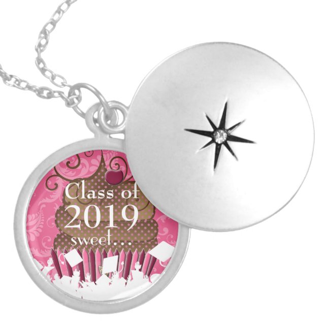 Cupcake Caps Gown Graduation Class of Current Year Locket Necklace (Front)