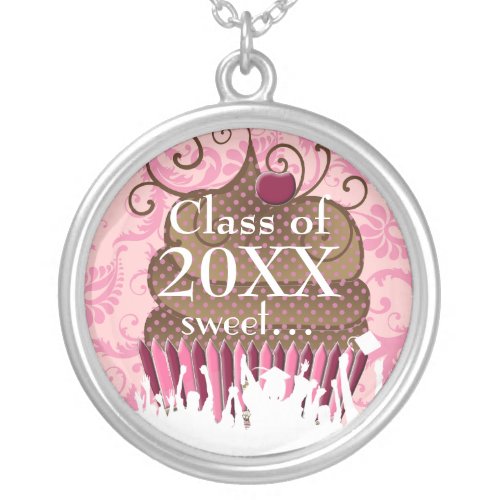 Cupcake Caps Gown Graduation Class of Current Year Silver Plated Necklace