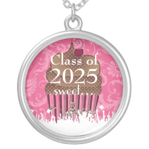 Cupcake Caps Gown Graduation Class of Current Year Silver Plated Necklace