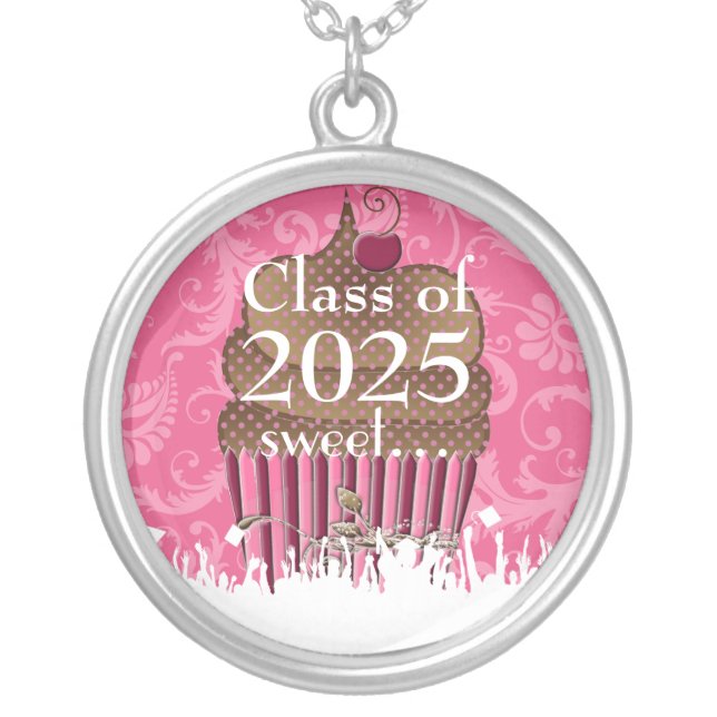 Cupcake Caps Gown Graduation Class of Current Year Silver Plated Necklace (Front)