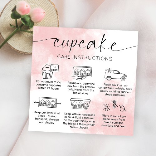 Cupcake Care Instructions Blush Pink Watercolor Square Business Card