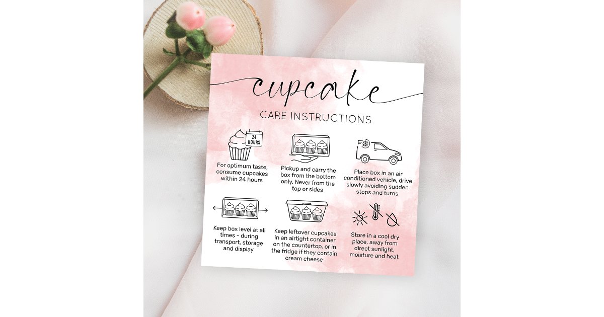 Cupcake Care Instructions Blush Pink Watercolor Square Business Card ...