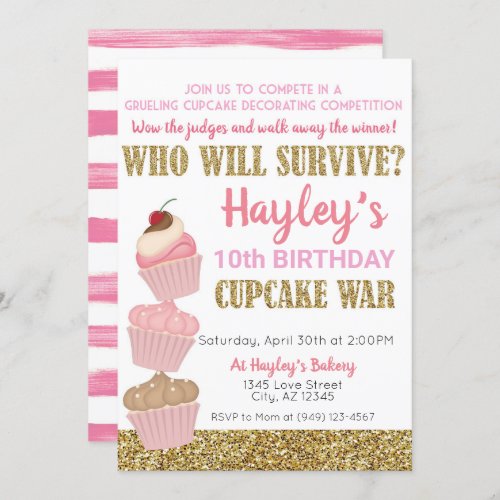 Cupcake Challenge Baking Pink  Gold Birthday Invitation