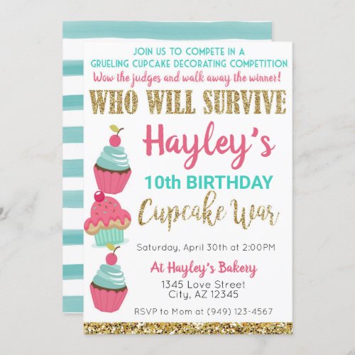 Cupcake Challenge Baking Pink  Mint Birthday Invitation