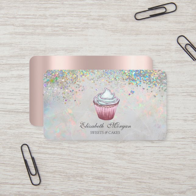 Cupcake Colorful Confetti Holographic Business Card (Front/Back In Situ)