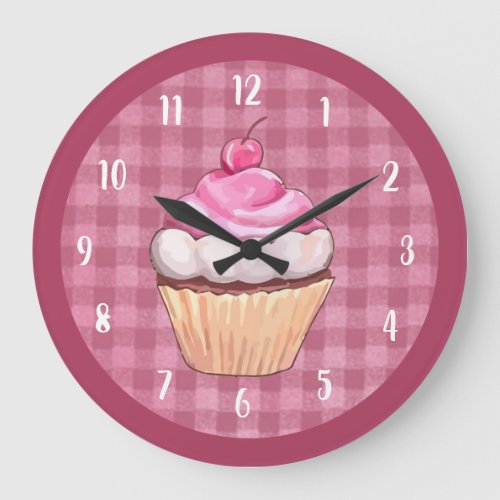 Cupcake Cute Pink Gingham Bakery Dessert Large Clock