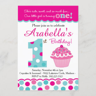Cupcake Cutie Pie (Pink & Aqua) First Birthday Invitation