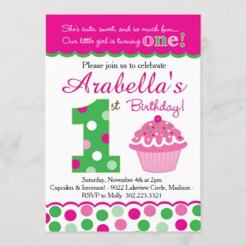 Cupcake Cutie Pie (pink & Green) First Birthday Invitation by modernmaryella at Zazzle