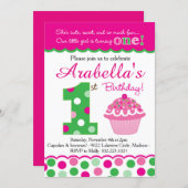 Cupcake Cutie Pie (Pink & Green) First Birthday Invitation (Front/Back)