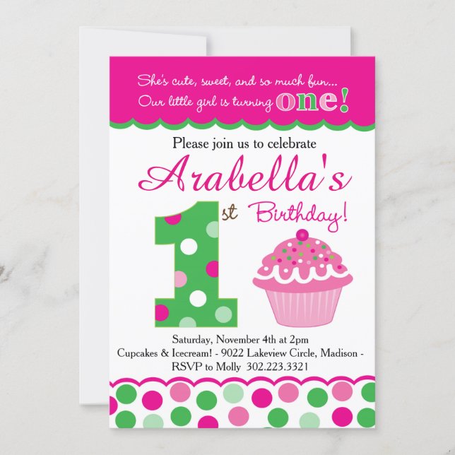 Cupcake Cutie Pie (Pink & Green) First Birthday Invitation (Front)
