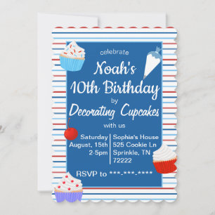 Cupcake Decorating Birthday Invitation Red Blue