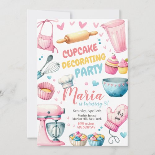 Cupcake Decorating Girl Kids Birthday Invitation