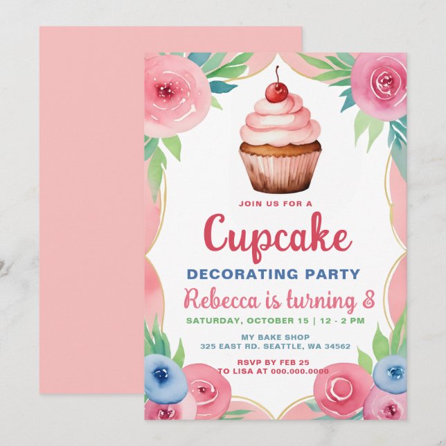 Cupcake Decorating Party Girl Birthday Invitation (Front/Back)