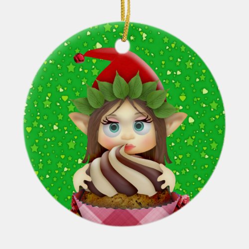 Cupcake Elf Ceramic Ornament