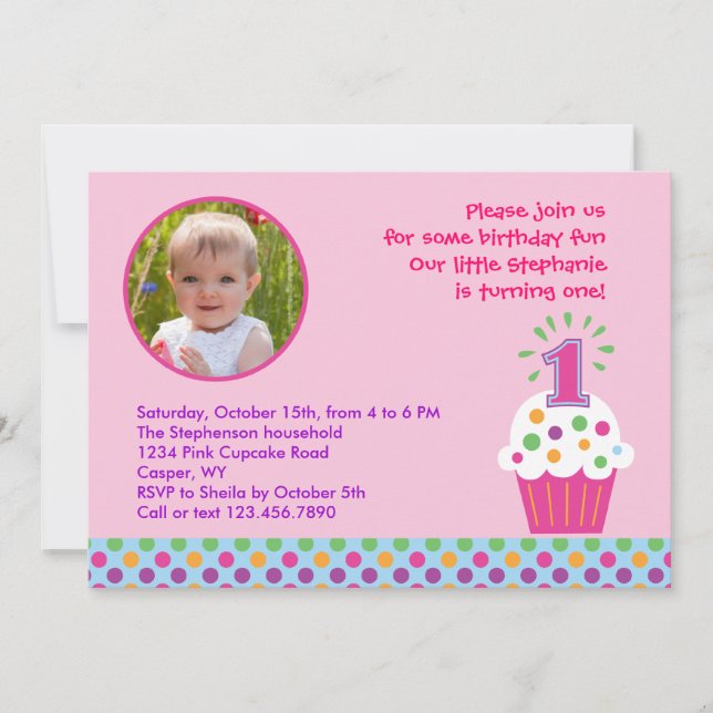Cupcake First Birthday Party Photo Invitation (Front)