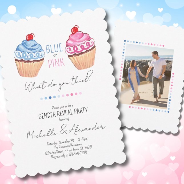 Cupcake Gender Reveal Blue Pink Classy Photo Party Invitation (Creator Uploaded)