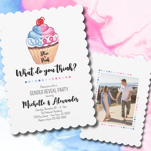 Cupcake Gender Reveal Blue Pink Photo Party Invitation