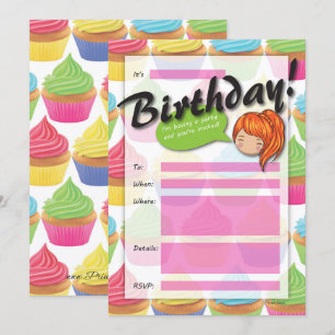 Cupcake Girl Birthday Invitation - Orange Hair
