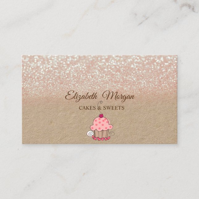 Cupcake, Glitter Ombre Rustic Kraft Business Card (Front)
