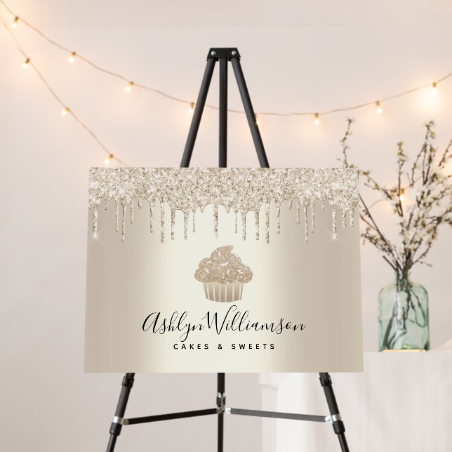 Cupcake Gold Glitter Drips Bakery Chef Script Chic Foam Board (In Situ (Stand))