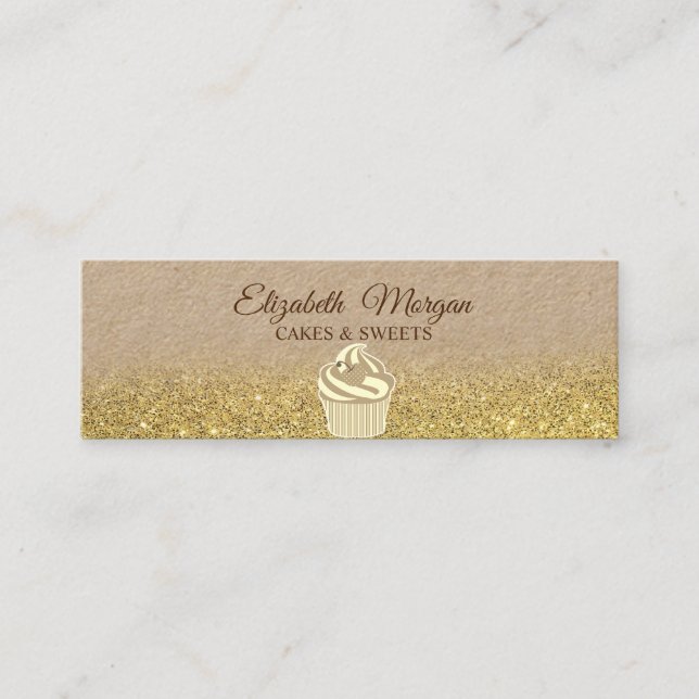 Cupcake, Gold Glitter Ombre Rustic Kraft Mini Business Card (Front)