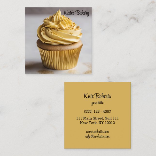 Cupcake Gold Simple Bakery Pastry Chef Catering Square Business Card (Front/Back)