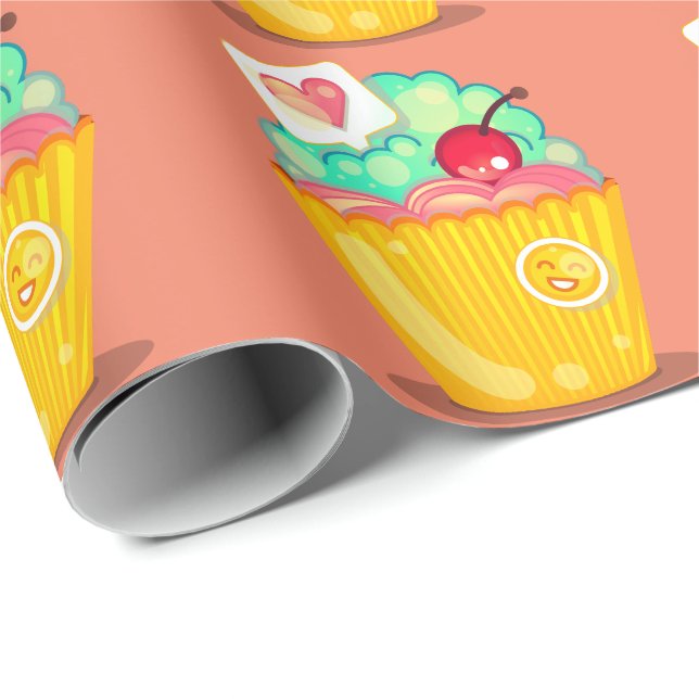 Cupcake heart and cherry peach gold teal cute wrapping paper (Roll Corner)