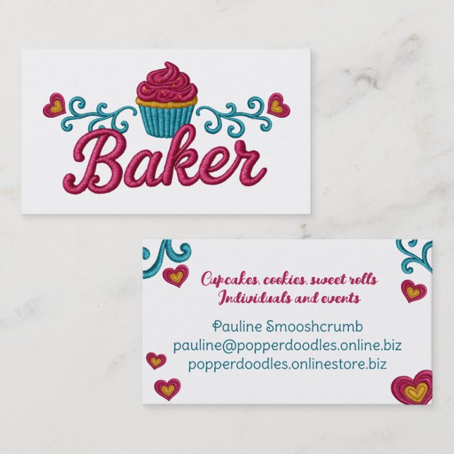 Cupcake heart bakery baking faux embroidery business card (Front/Back)