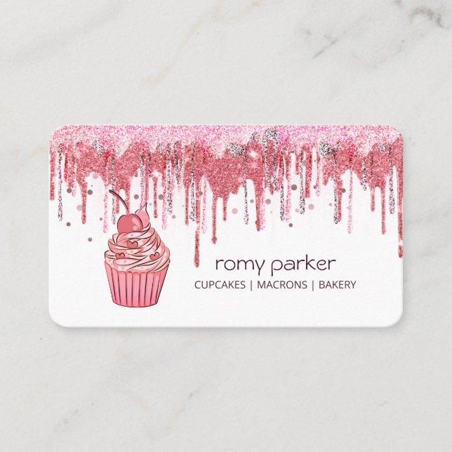 Cupcake Home Bakery Pastry Rose Gold Dripping Business Card (Front)