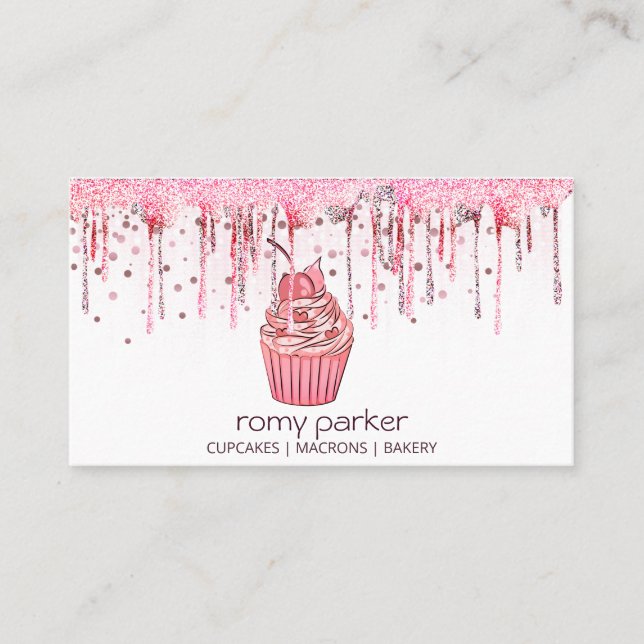 Cupcake Home Bakery Pastry Rose Gold Dripping Business Card (Front)