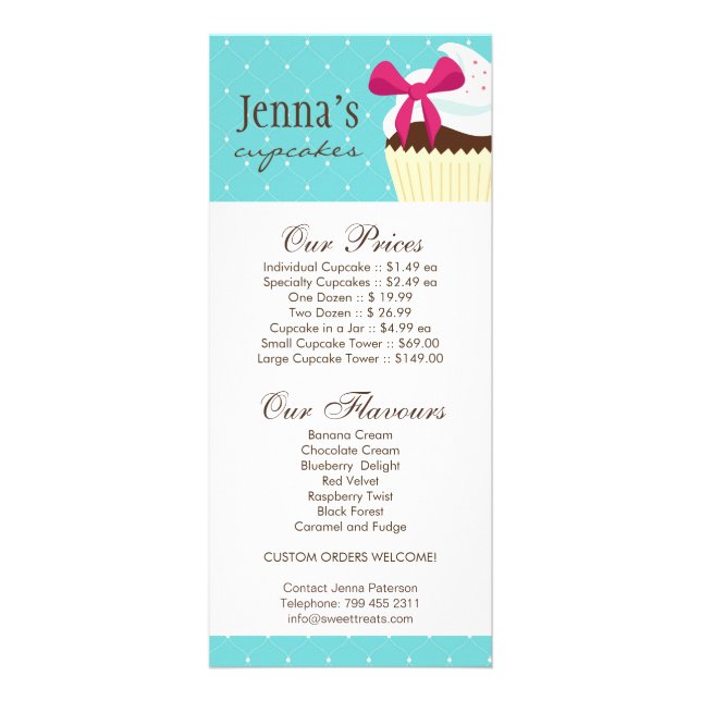 Cupcake Home Bakery Price List Rack Card (Front)