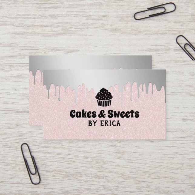 Cupcake Home Bakery Silver Dripping Blush Pink Business Card (Front/Back In Situ)