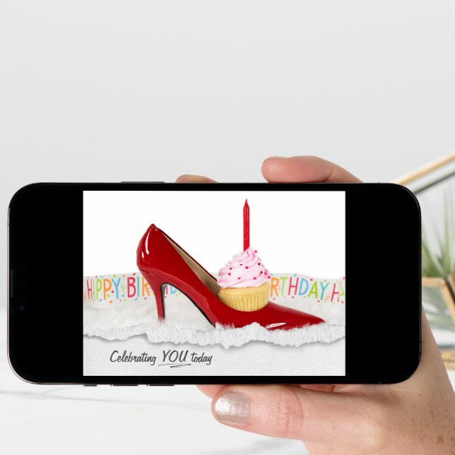 Cupcake In Red Shoe Birthday Card (Front Digital)