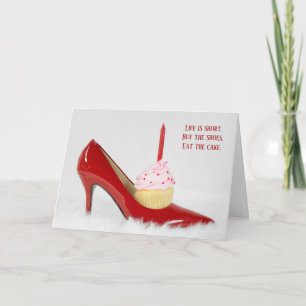 cupcake in red shoe on white fur card