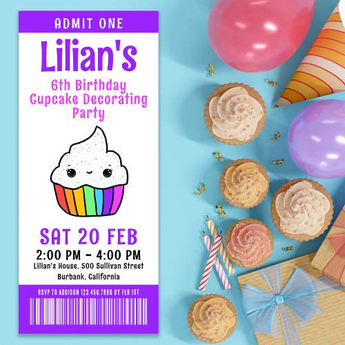 Cupcake Kids Birthday Party Ticket Birthday Invitation