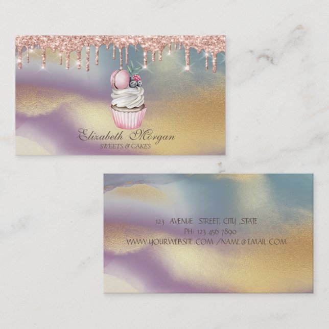 Cupcake Macaroon Rose Gold Drips,Bakery Colorful  Business Card (Front/Back)
