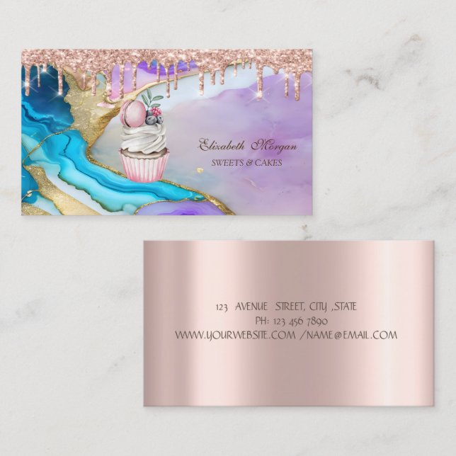Cupcake Macaroon Rose Gold Drips Marble Bakery  Business Card (Front/Back)