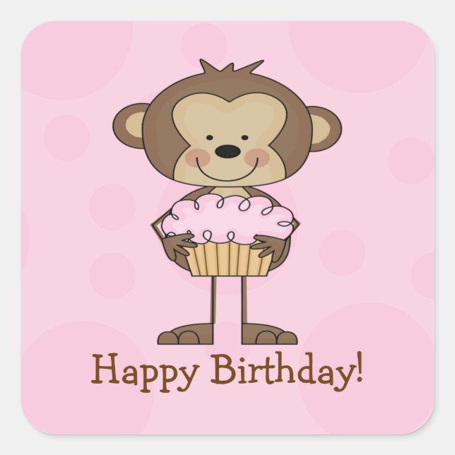 Cupcake Monkey Happy Birthday Square Sticker (Front)