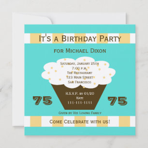 Cupcake on Aqua 75th Birthday Party Invitation