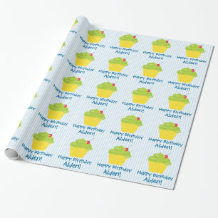Cupcake on Blue Stripes Child's Birthday Wrapping Paper