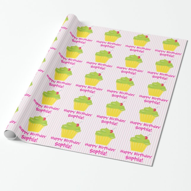 Cupcake on Pink Stripes Child's Birthday Wrapping Paper (Unrolled)