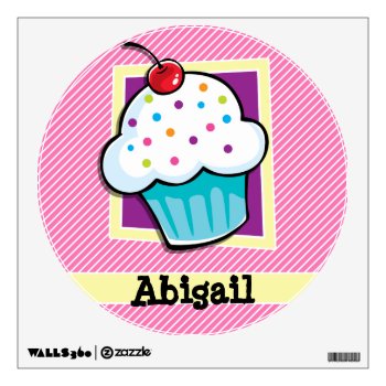 Cupcake On Pink & White Stripes Wall Sticker by Birthday_Party_House at Zazzle