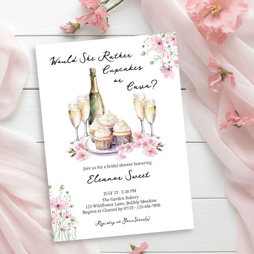 Cupcake or Cava Delicate Pink Floral Bridal Shower Invitation