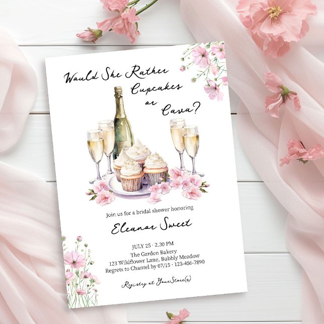 Cupcake or Cava Delicate Pink Floral Bridal Shower Invitation (Champagne Bridal Shower invitation from Cupcakes and Cava Bridal Shower Collection by Darling & May)