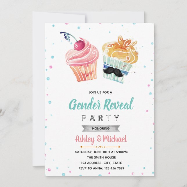 Cupcake or stud muffin gender reveal invitation (Front)