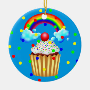 Cupcake Party with Rainbow & Sprinkles Ceramic Ornament