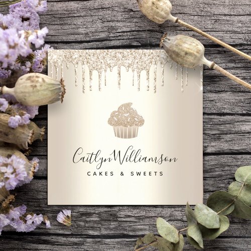 Cupcake Pastry Bakery Chef Chic Gold Glitter Drips Square Business Card