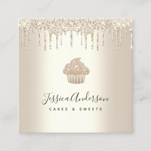 Cupcake Pastry Bakery Chef Gold Glitter Drips Chic Square Business Card