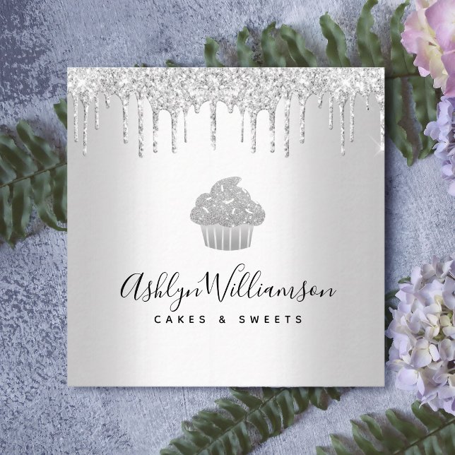 Cupcake Pastry Bakery Chef Silver Glitter Drips Square Business Card