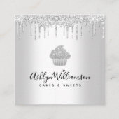 Cupcake Pastry Bakery Chef Silver Glitter Drips Square Business Card (Front)